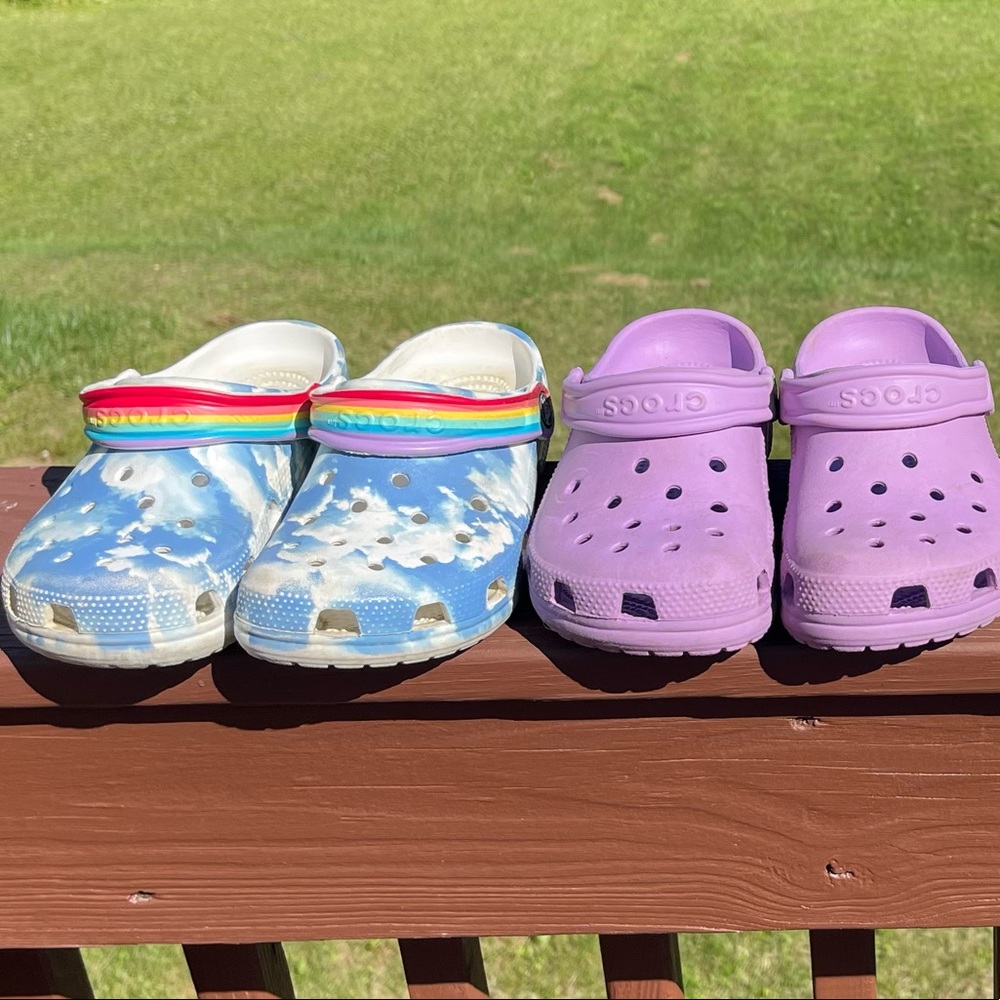 Crocs size J 1 clouds rainbow purple J1 two pairs